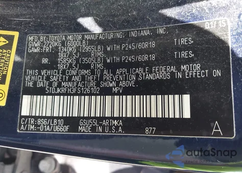 2015 Toyota Highlander Xle V6 from USA, damaged, VIN 5TDJKRFH3FS126102